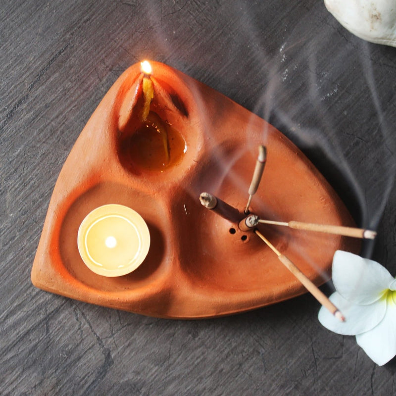 3 In 1 Puja Essential | Terracotta Plain Fire Angle + Complimentary Candles, Cotton Wicks & Agarbatti | Verified Sustainable Pooja Needs on Brown Living™