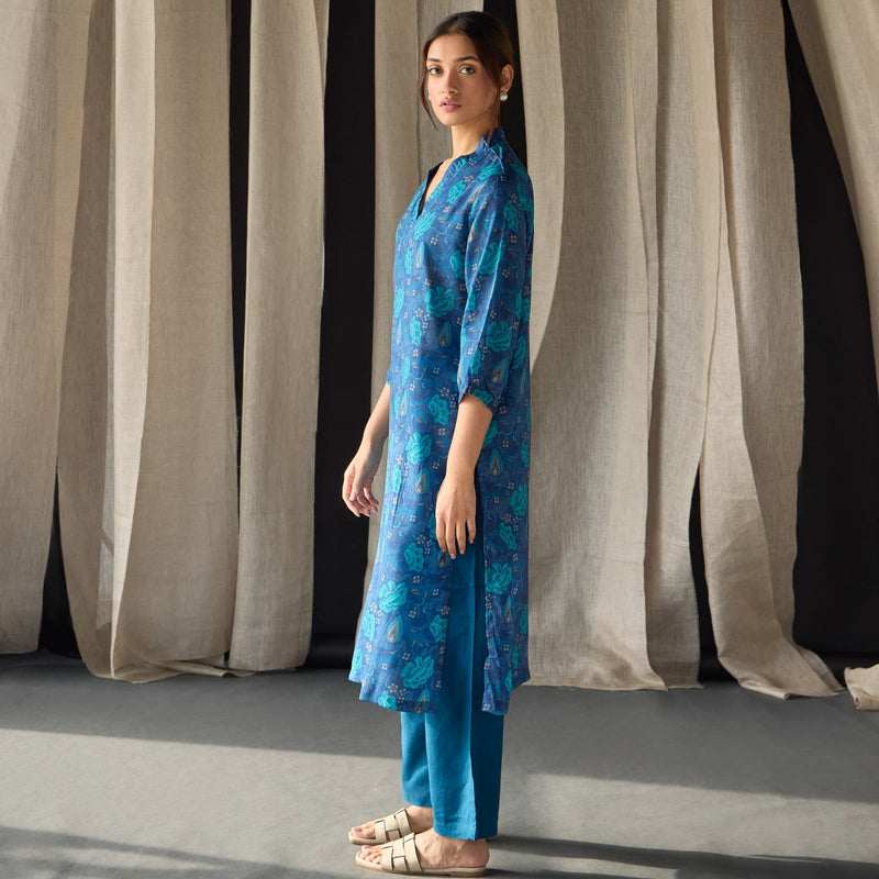 Under-Water Blue Floral Tencel Kurta