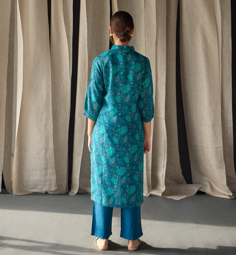 Under-Water Teal Floral Tencel Kurta