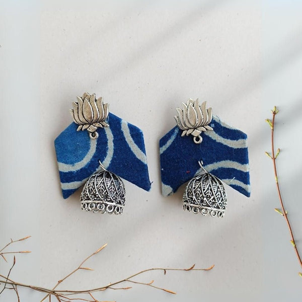 Indigo Blue printed Lotus charm Handmade Jhumka fabric Earrings