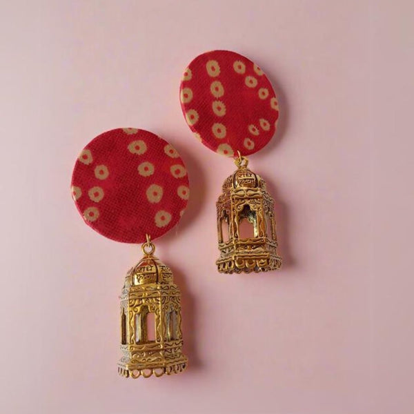 Red Bandhani Print Golden Jhumka Earrings