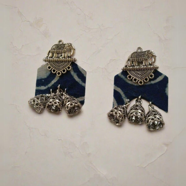 Indigo Blue Printed Elephant Charm Earrings For Women