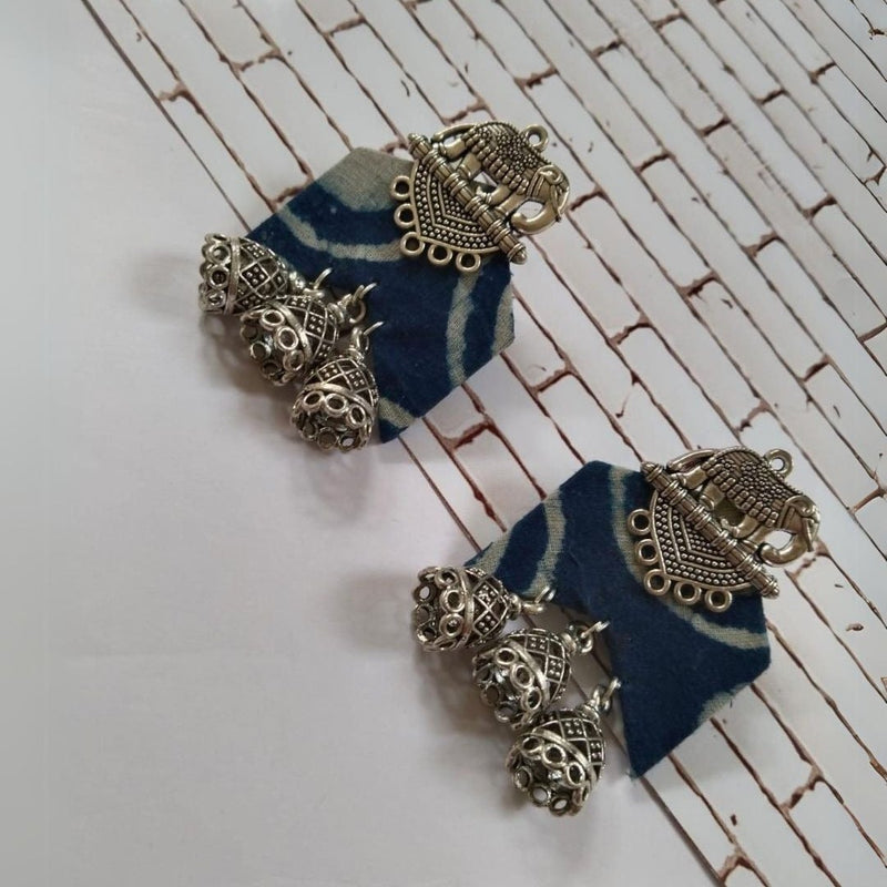 Indigo Blue Printed Elephant Charm Earrings For Women