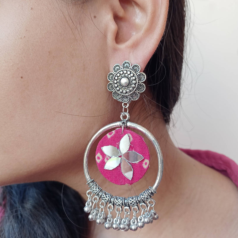 Pink Bandhani Printed Fabric Bali Ghungroo Earrings