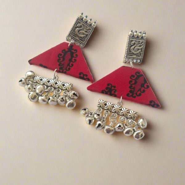 Red Printed Swan and Silver Ghungroo Earrings