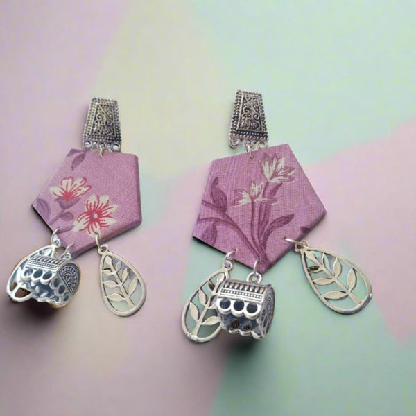 Purple Printed Floral Earrings with Silver Charm Bottom