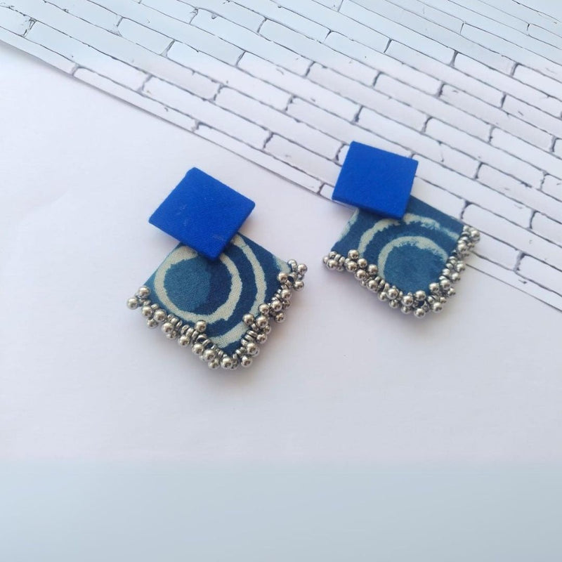 Indigo Print And Silver Ghungroo Fabric Earrings