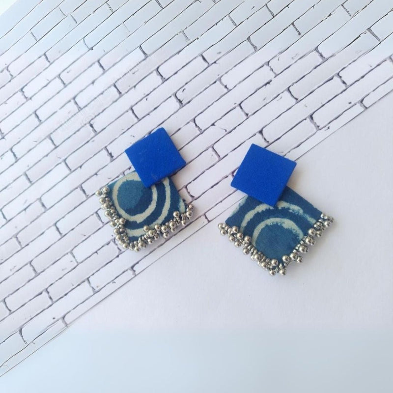 Indigo Print And Silver Ghungroo Fabric Earrings