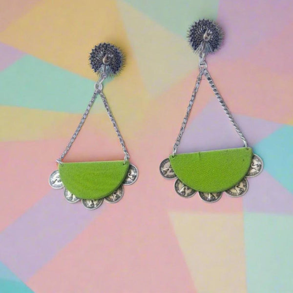 Peacock Green and Silver Chain Long Earrings