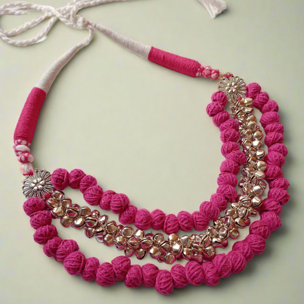 Pink Pom Pom Ghungroo Choker Plus Long Necklace