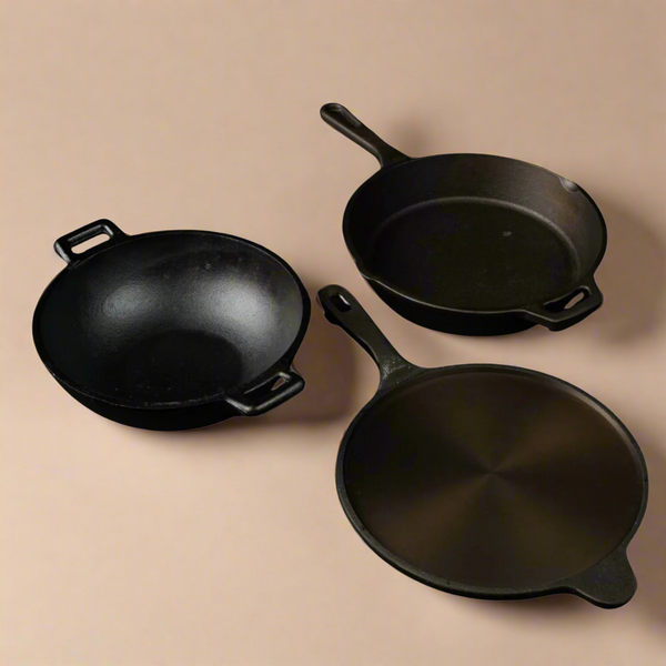 Handmade Cast Iron Combo (Kadai + Roti/ Dosa Tawa + Skillet)