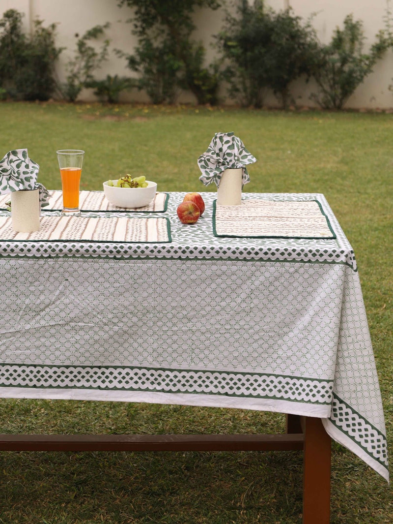 Abstract Leaf Green and White Table Cover | Verified Sustainable Table Linens on Brown Living™