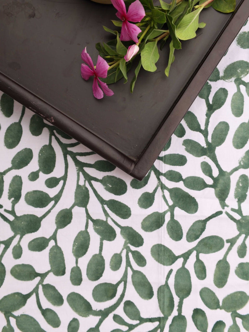 Abstract Leaf Green and White Table Cover | Verified Sustainable Table Linens on Brown Living™