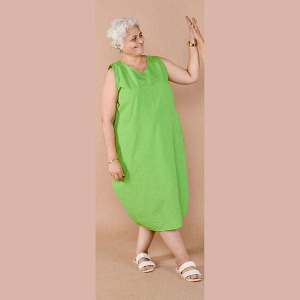 Ahana Sleevless Oversized Handloom Cotton Dress Green | Verified Sustainable Womens Dress on Brown Living™