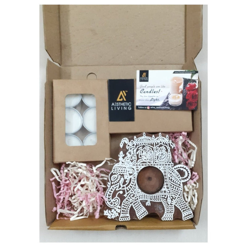 Airavat Wooden T - Light Holder with a pack of 6 soywax t - light candles | Verified Sustainable Gift Giving on Brown Living™