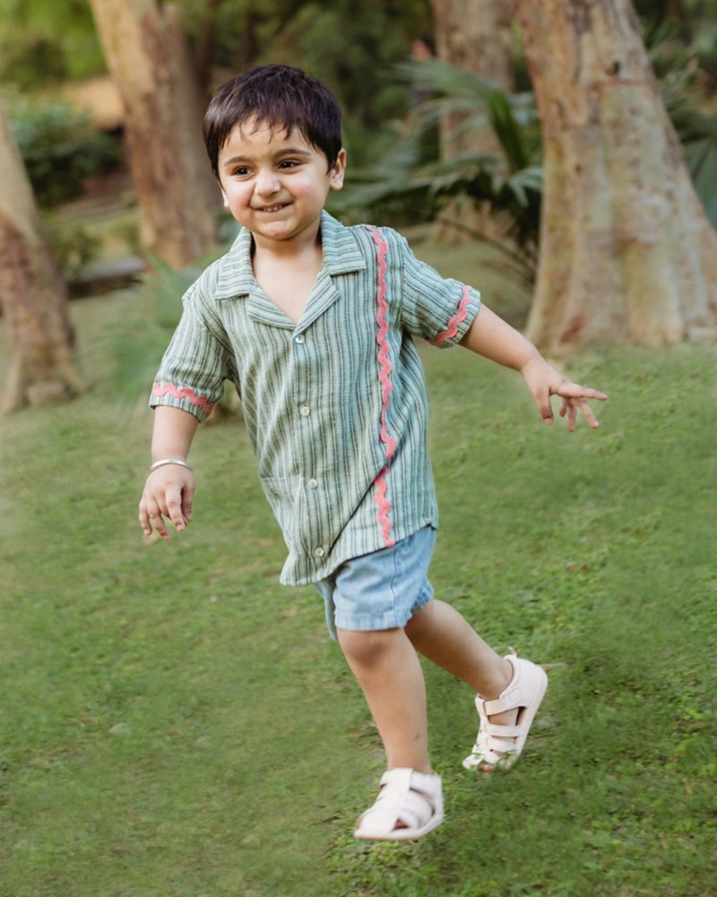 Alouette Jacquard Striped Cotton Shirt with Cuban Collar | Verified Sustainable Kids Shirts on Brown Living™