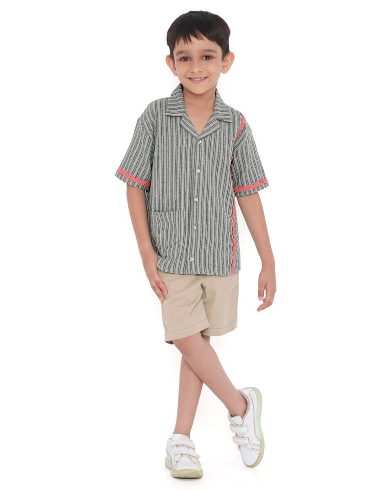 Alouette Jacquard Striped Cotton Shirt with Cuban Collar | Verified Sustainable Kids Shirts on Brown Living™