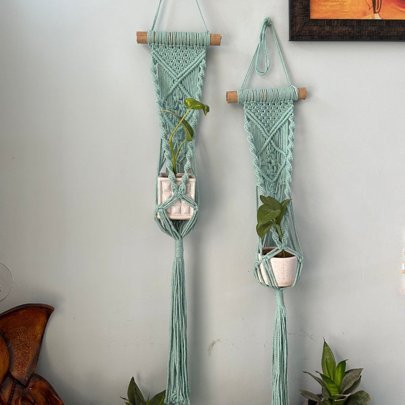 Aqua Blue Macrame Plant Holder - Set of 2 | Verified Sustainable Pots & Planters on Brown Living™