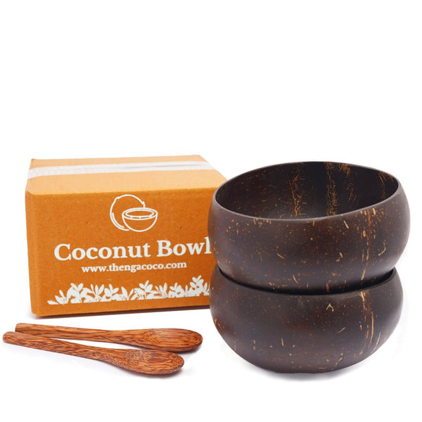 Artisan Jumbo Coconut Shell Bowls And Spoon Sets - 900ml (Set of 2) | Verified Sustainable Plates & Bowls on Brown Living™