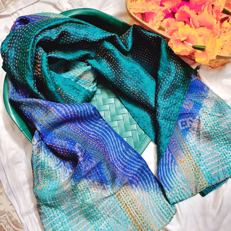 Ashv Kantha Stole - Sky Blu and Light Green | Verified Sustainable Womens Dupatta on Brown Living™