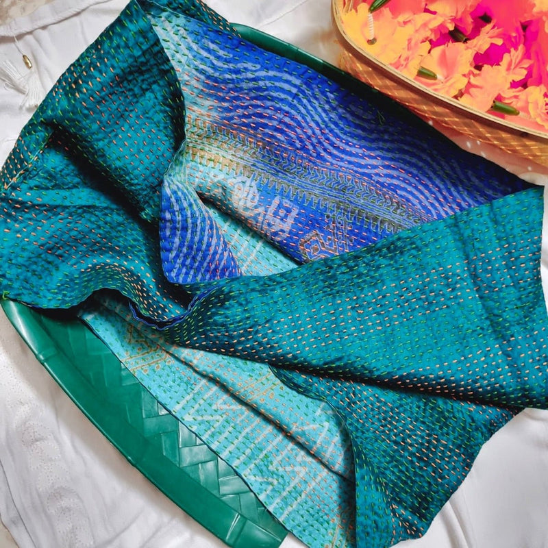 Ashv Kantha Stole - Sky Blu and Light Green | Verified Sustainable Womens Dupatta on Brown Living™