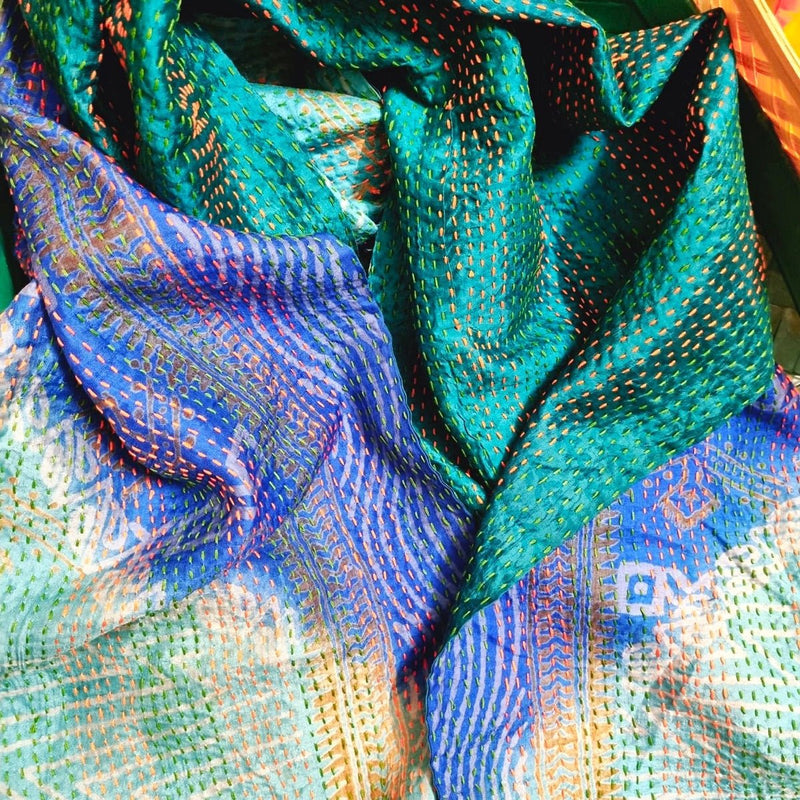 Ashv Kantha Stole - Sky Blu and Light Green | Verified Sustainable Womens Dupatta on Brown Living™