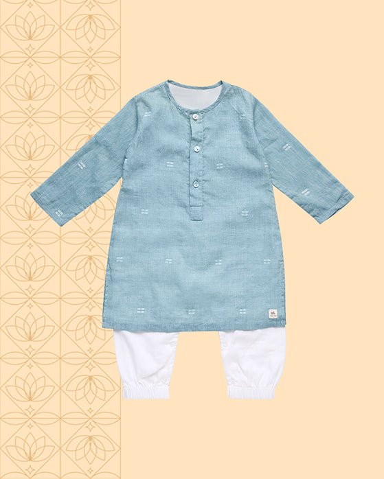 Baadal - Infant Kurta with Attached Pyjama (Onesie) in Jamdani Cotton | Verified Sustainable Kids Ethnic Sets on Brown Living™