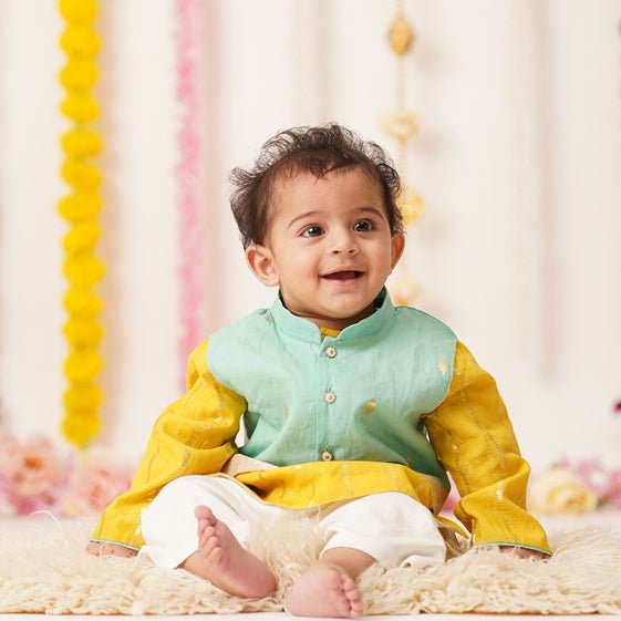 Baby Boy Cotton Kurta, Bundi & Pant Set - Ambar | Verified Sustainable Kids Ethnic Sets on Brown Living™