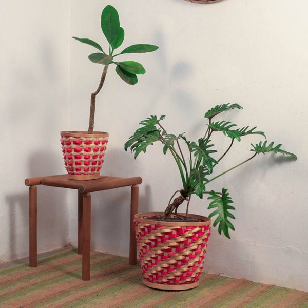 Bamboo Raised Weave Planter - Red - Set of 2 | Verified Sustainable Pots & Planters on Brown Living™