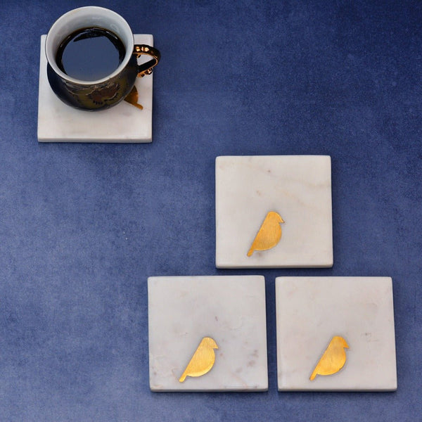 Birdie Brass Marble Inlay Coasters (Set of 4) | Verified Sustainable Coasters on Brown Living™