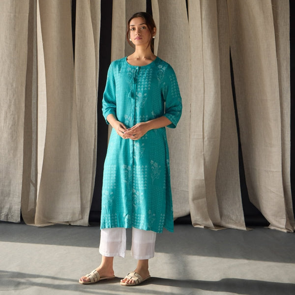 Blue Ecovero Jacquard Kurta | Verified Sustainable Womens Kurta on Brown Living™