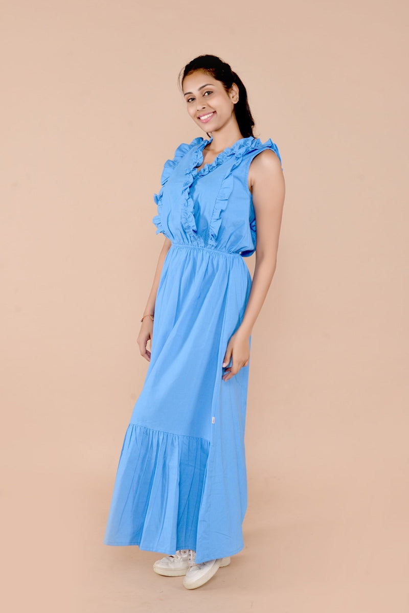 Blue Full Length Handloom Cotton Dress With Frill Detail | Verified Sustainable Womens Dress on Brown Living™