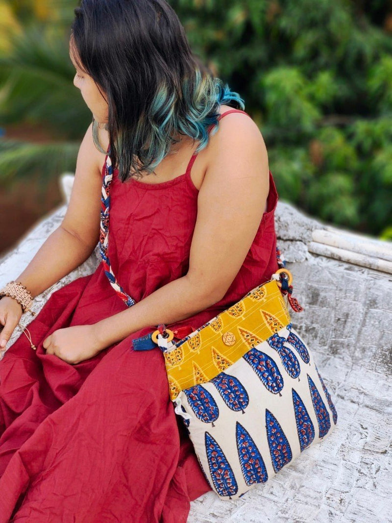 Blue & Off - white Hand Block Printed Braided Ethnic Sling Bags | Verified Sustainable Tote Bag on Brown Living™