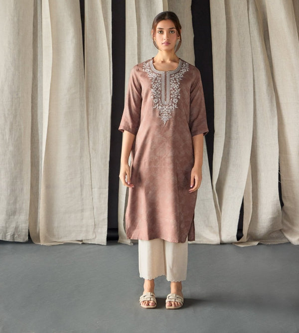 Brown Jacquard Kurta with Yoke Embroidery | Verified Sustainable Womens Kurta on Brown Living™