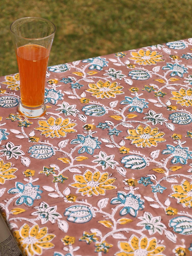 Brown Organic Cotton Table Cover- Floral Design | Verified Sustainable Table Linens on Brown Living™