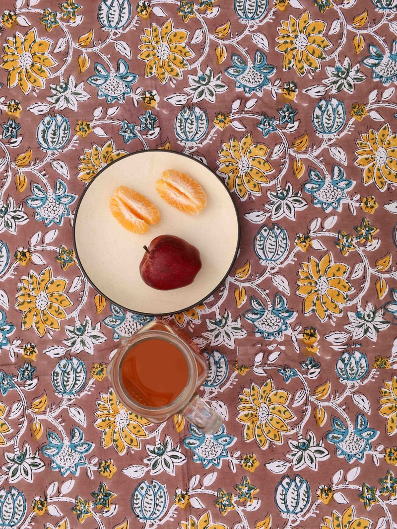 Brown Organic Cotton Table Cover- Floral Design | Verified Sustainable Table Linens on Brown Living™