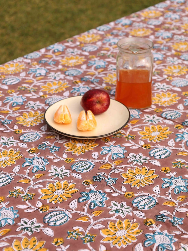 Brown Organic Cotton Table Cover- Floral Design | Verified Sustainable Table Linens on Brown Living™