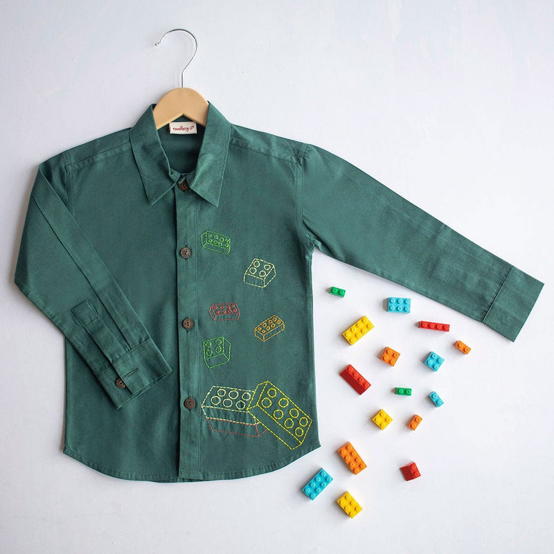 Building Blocks Embroidered Unisex Organic Cotton Shirt- Bottle Green | Verified Sustainable Kids Shirts on Brown Living™