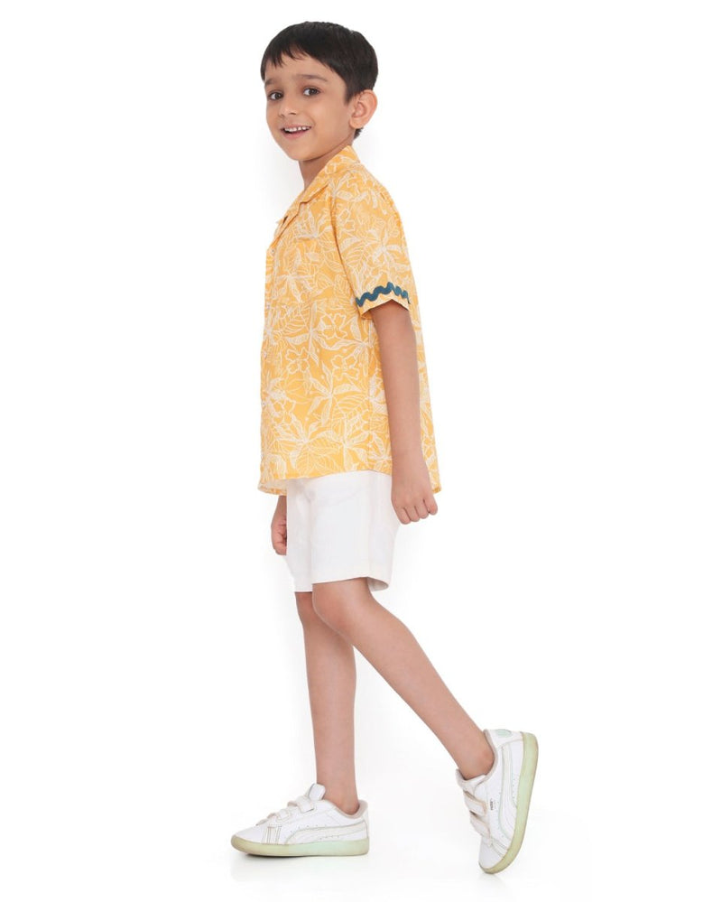 Buttercup Floral Printed Cotton Shirt with Cuban Collar | Verified Sustainable Kids Shirts on Brown Living™