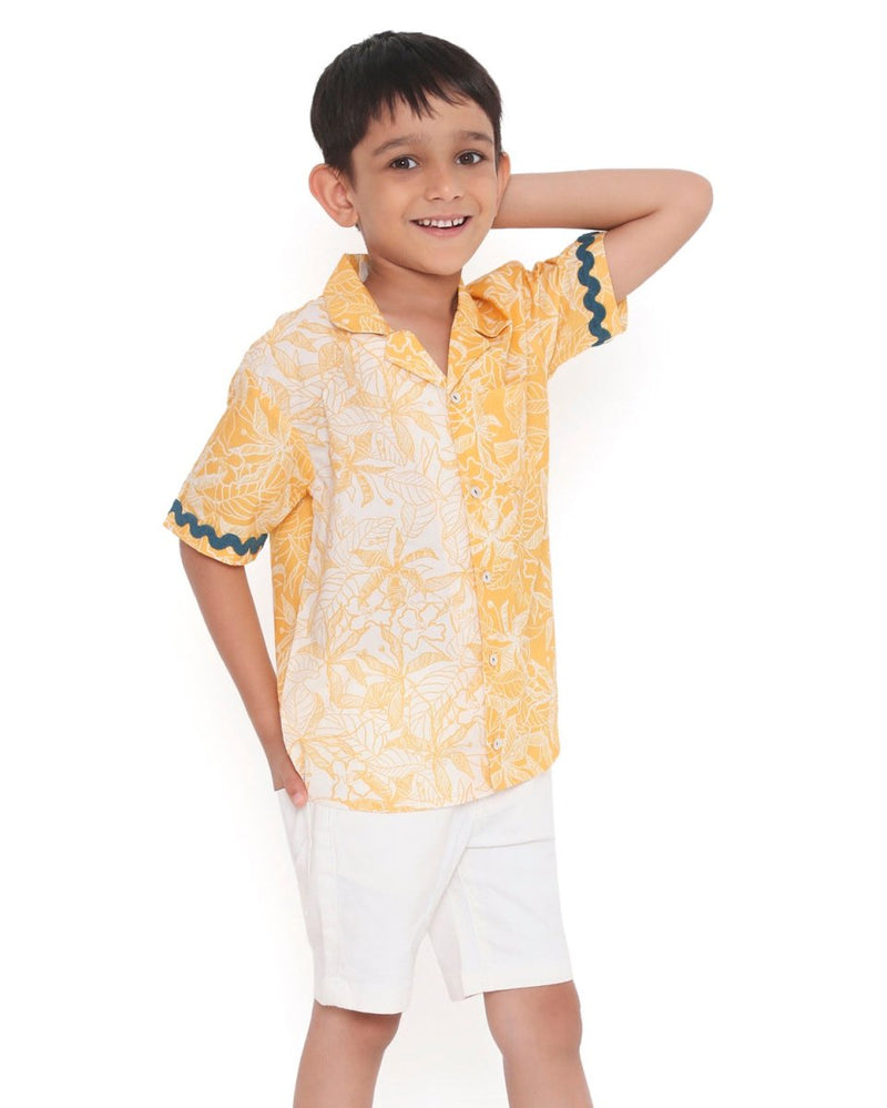 Buttercup Floral Printed Cotton Shirt with Cuban Collar | Verified Sustainable Kids Shirts on Brown Living™