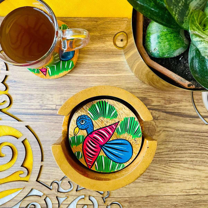 Chahel Round Handcrafted Mango Wood Coaster with Holder (Set of 6) | Verified Sustainable Coasters on Brown Living™