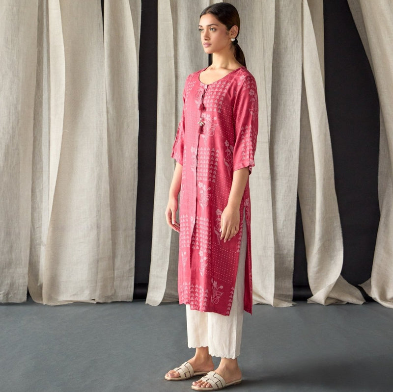 Cherry Red Ecovero Jacquard Kurta | Verified Sustainable Womens Kurta on Brown Living™