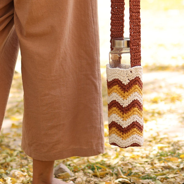 Chevron Brown Handmade Crochet Sling Bottle Cover | Verified Sustainable Bottles & Sippers on Brown Living™