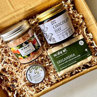 Chocolate Day Gift Hamper - Chocolate Candle & Lip Scrub + Soap + Bath & Foot Soak | Verified Sustainable Gift Giving on Brown Living™