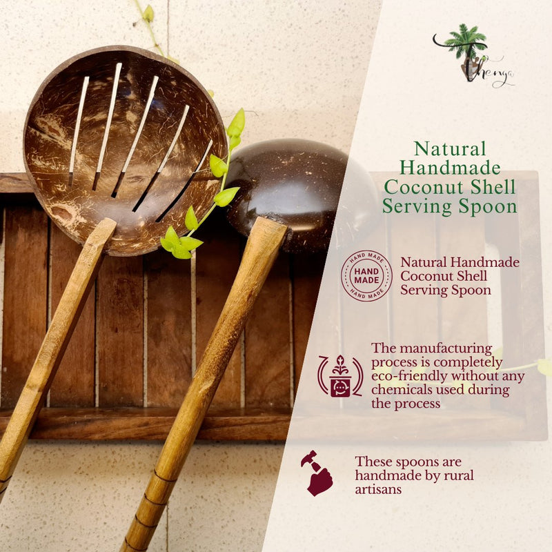 Coconut Shell Frying Spoon & Non Stick Wooden Ladles (Set of 2) | Verified Sustainable Cutlery on Brown Living™