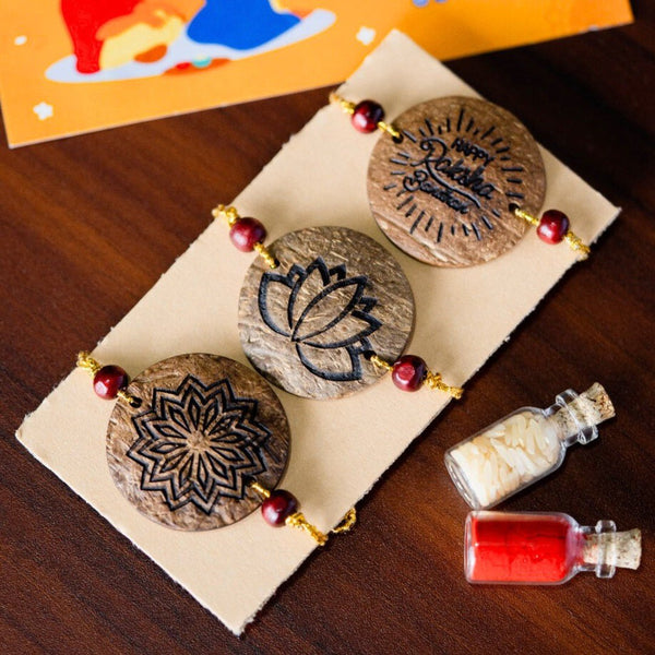 Coconut Shell Rakhi Sets - Rough (Package includes 3 Rakhis, Kumkum, Rice Grains & Raksha Bandhan Card) - Set of 3 | Verified Sustainable Rakhi on Brown Living™