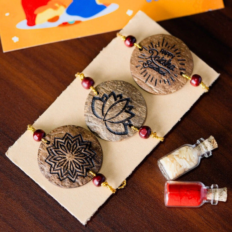 Coconut Shell Rakhi Sets - Rough (Package includes 3 Rakhis, Kumkum, Rice Grains & Raksha Bandhan Card) - Set of 3 | Verified Sustainable Rakhi on Brown Living™