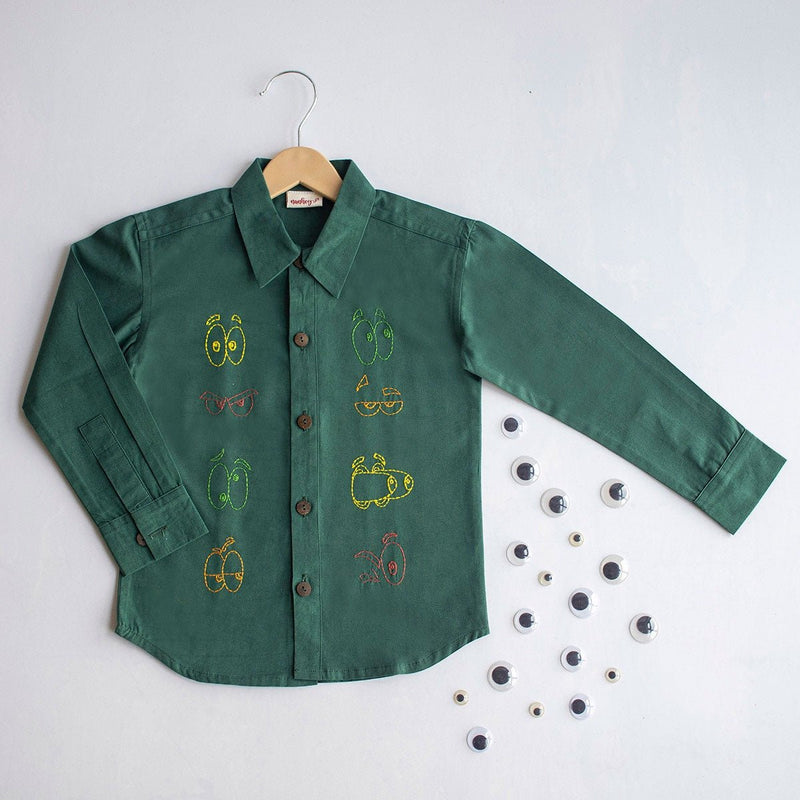 Colourful Emoji Eyes Embroidered Cotton Unisex Shirt- Bottle Green | Verified Sustainable Kids Shirts on Brown Living™