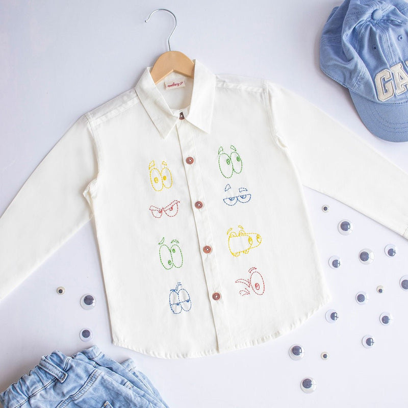 Colourful Emoji Eyes Embroidered Cotton Unisex Shirt- White | Verified Sustainable Kids Shirts on Brown Living™