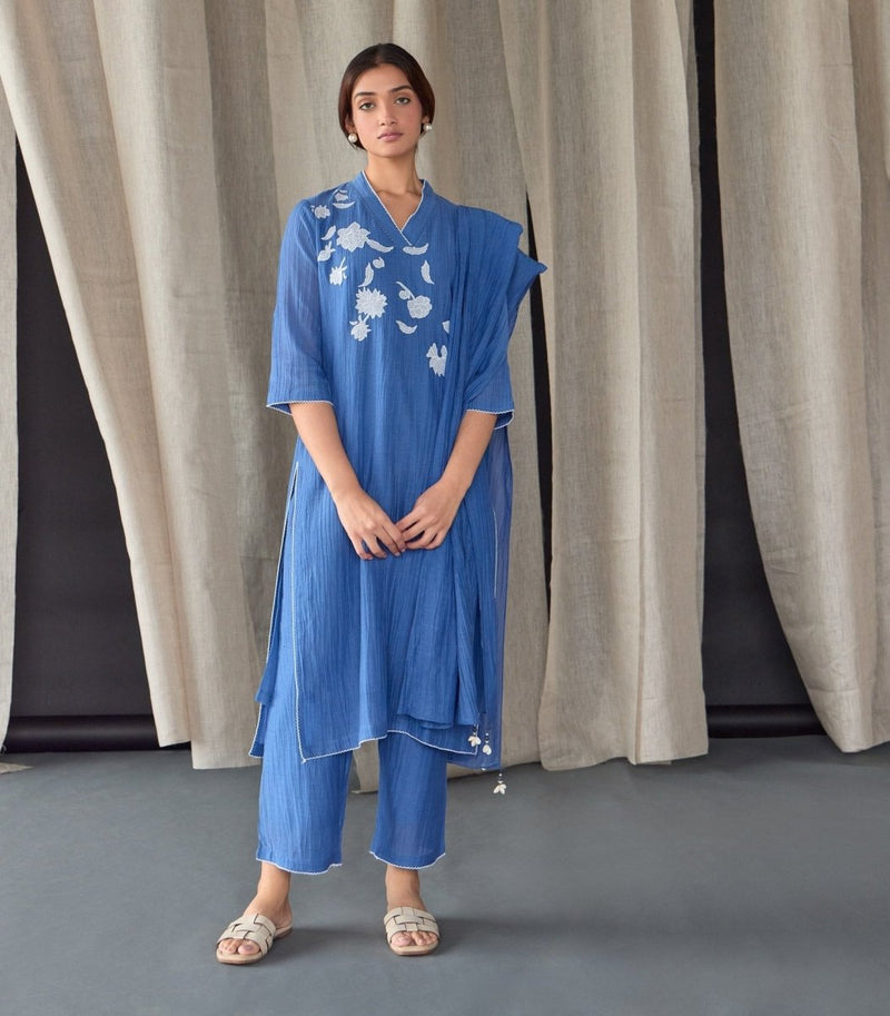 Crinkle Applique Tencel Kurta (Set of 2) - Cobalt Blue | Verified Sustainable Womens Kurta on Brown Living™